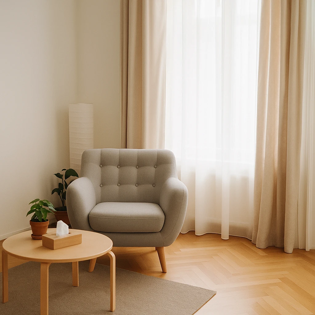 Heller Praxisraum für Lebensberatung in Wien – ruhiger Sessel, Tisch mit Pflanze und Licht von der Seite