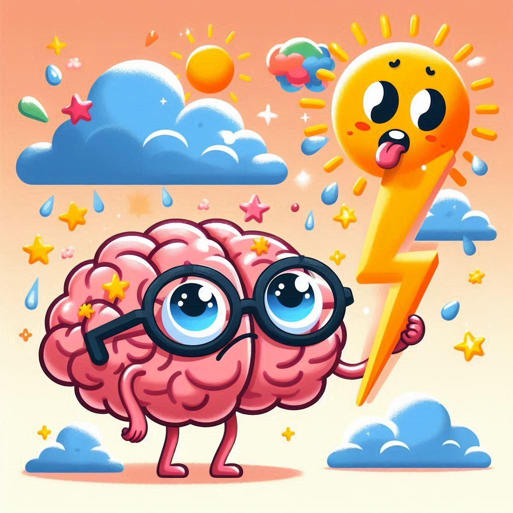 Bunte Illustration eines Gehirns mit Brille, das einen Sonnenblitz hält, umgeben von Wolken und Sternen.