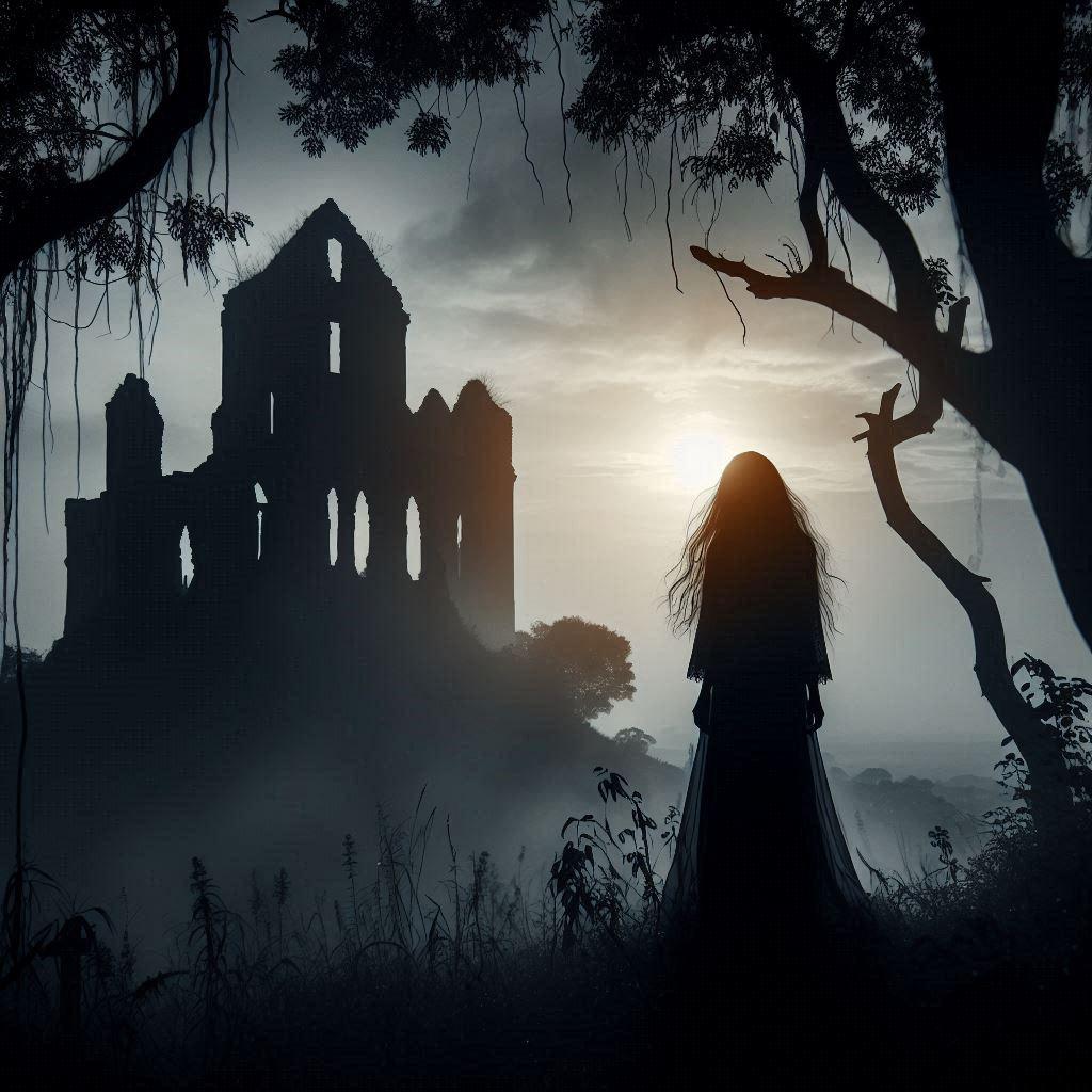 Silhouette einer Frau in einem langen Kleid vor einer alten Ruine bei Sonnenuntergang.