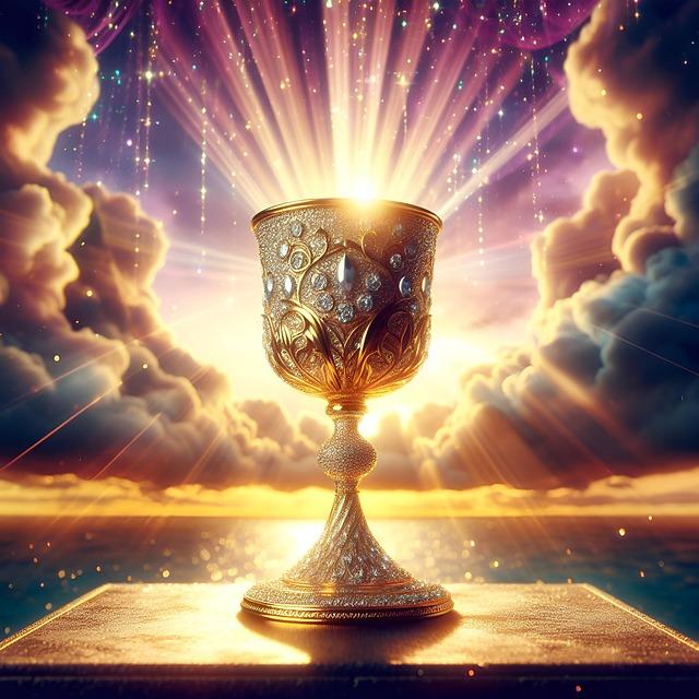 Goldener Kelch mit Verzierungen, beleuchtet von einem strahlenden Licht im Hintergrund.