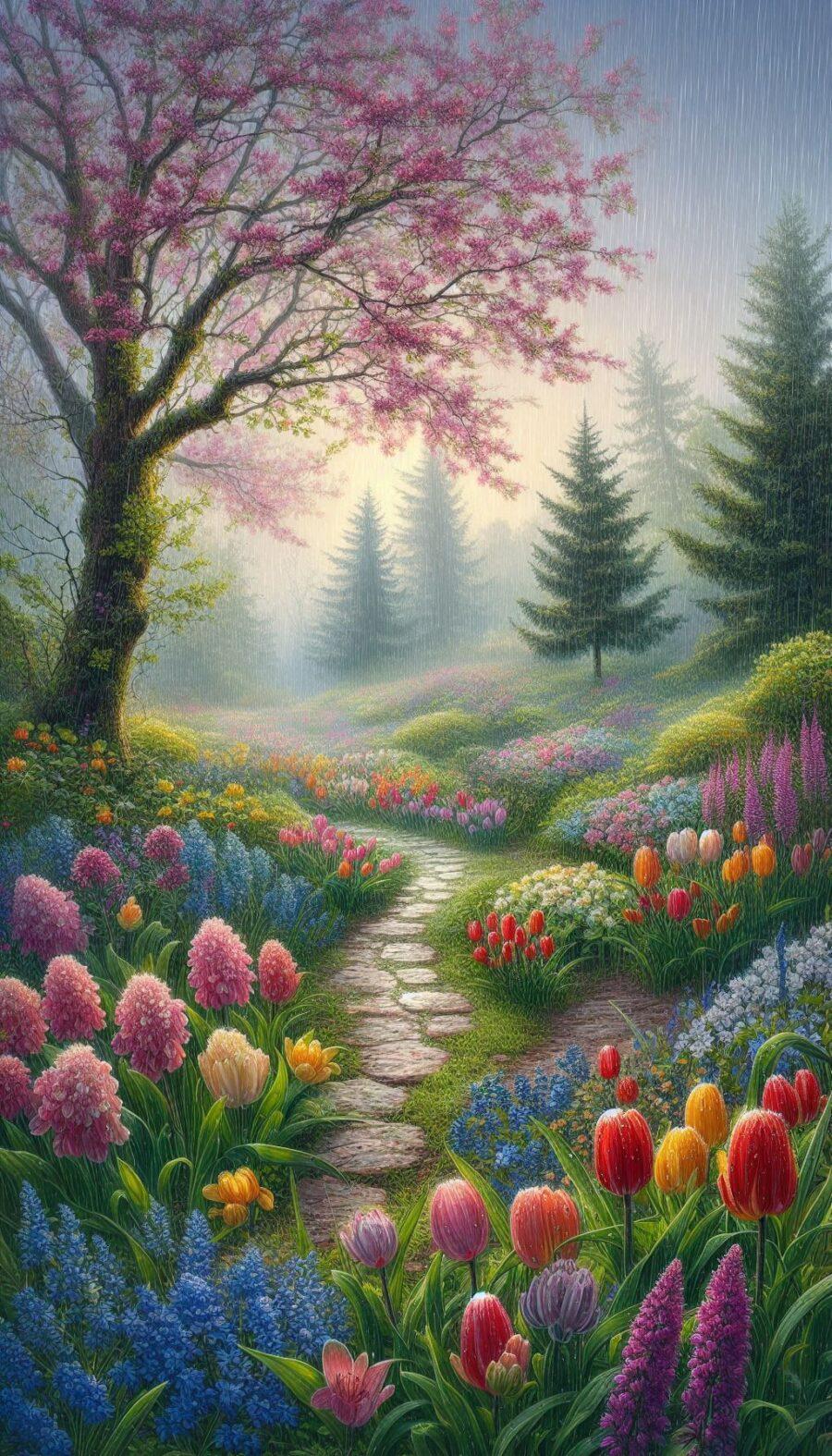 Bunte Blumenlandschaft mit einem gepflasterten Weg und einem blühenden Baum im Hintergrund.