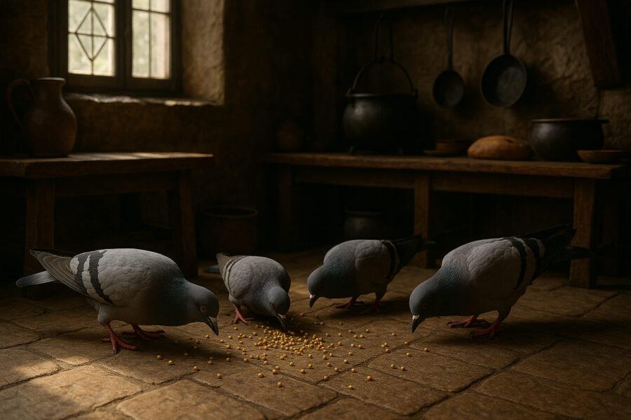 Vier Tauben fressen Körner auf einem Steinboden in einem Innenraum.