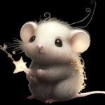 Eine graue Maus mit großen Ohren hält einen Zauberstab in der Hand und hat eine weiche, flauschige Textur.