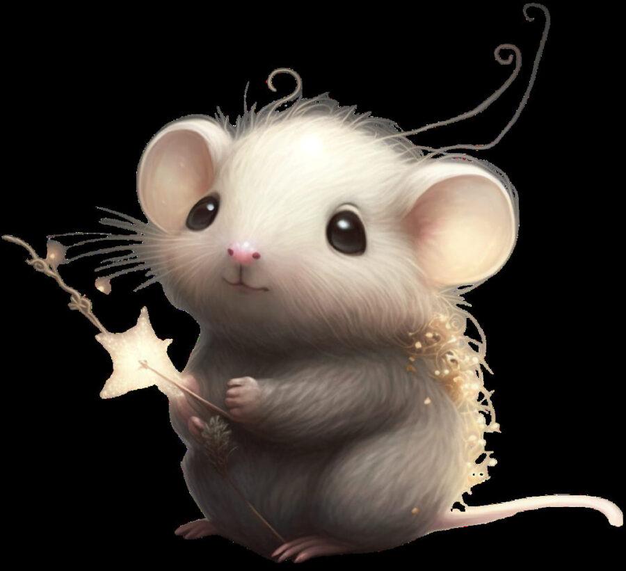 Eine graue Maus mit großen Ohren hält einen Zauberstab in der Hand und hat eine weiche, flauschige Textur.