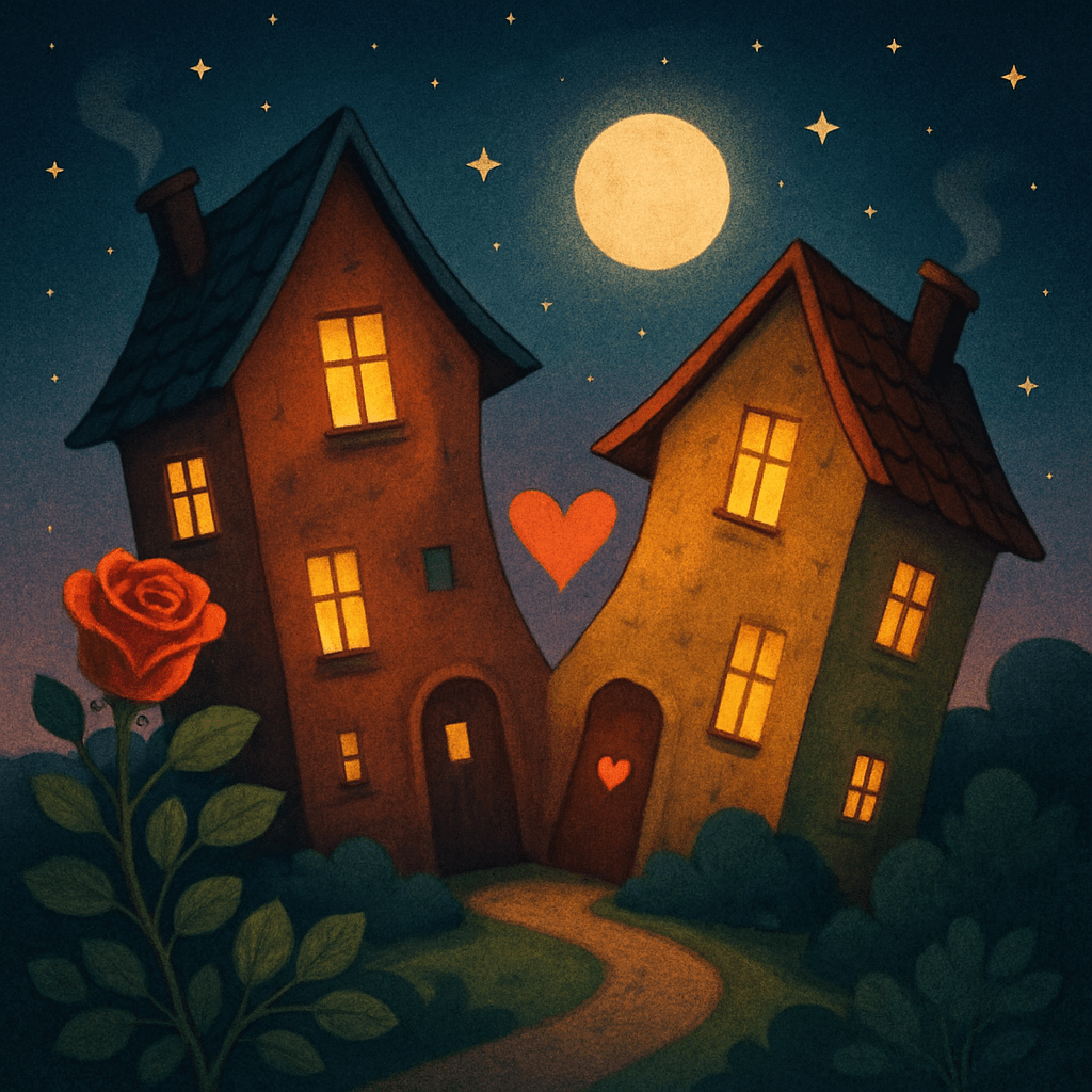 Zwei stilisierte Häuser mit Fenstern und Herzsymbol zwischen ihnen, umgeben von einer Rose und einem Nachthimmel.