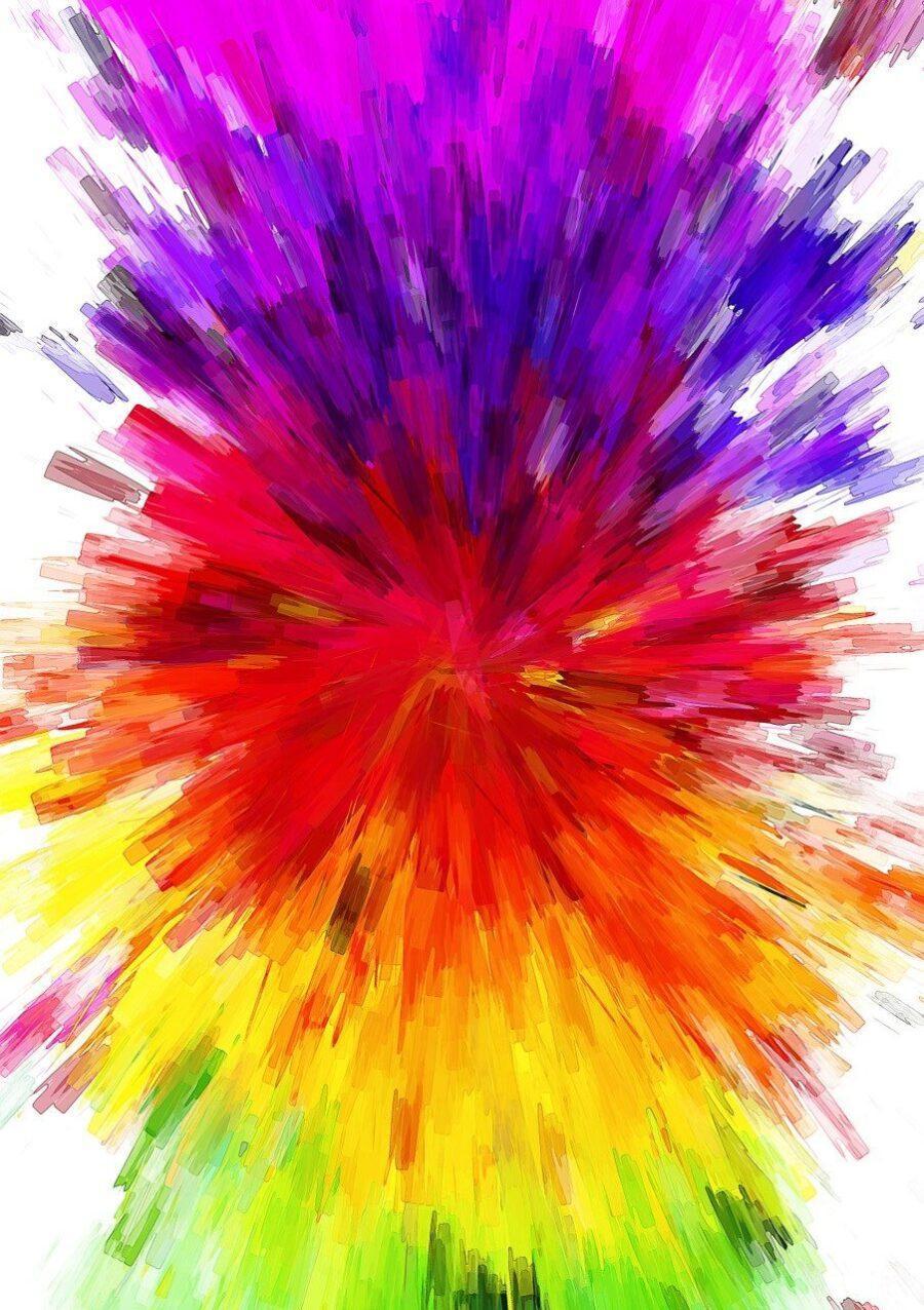 Abstrakte Darstellung mit leuchtenden Farben in einem strahlenförmigen Muster.