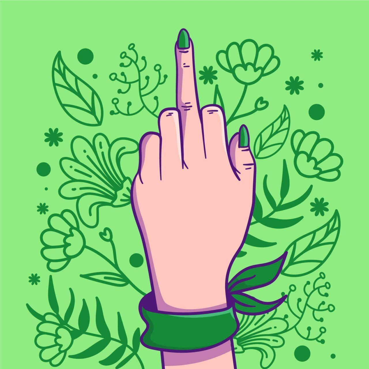 Illustration einer Hand mit erhobenem Mittelfinger, umgeben von floralen Motiven auf grünem Hintergrund.