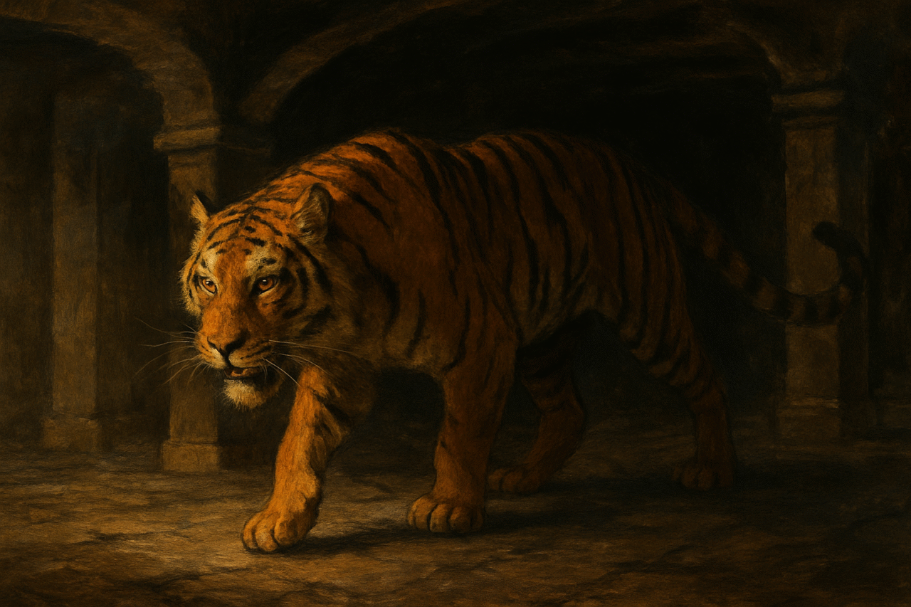 Ein Tiger mit leuchtenden Augen schleicht durch einen dunklen Keller – Symbol für Fantasie, Kraft und innere Unruhe.