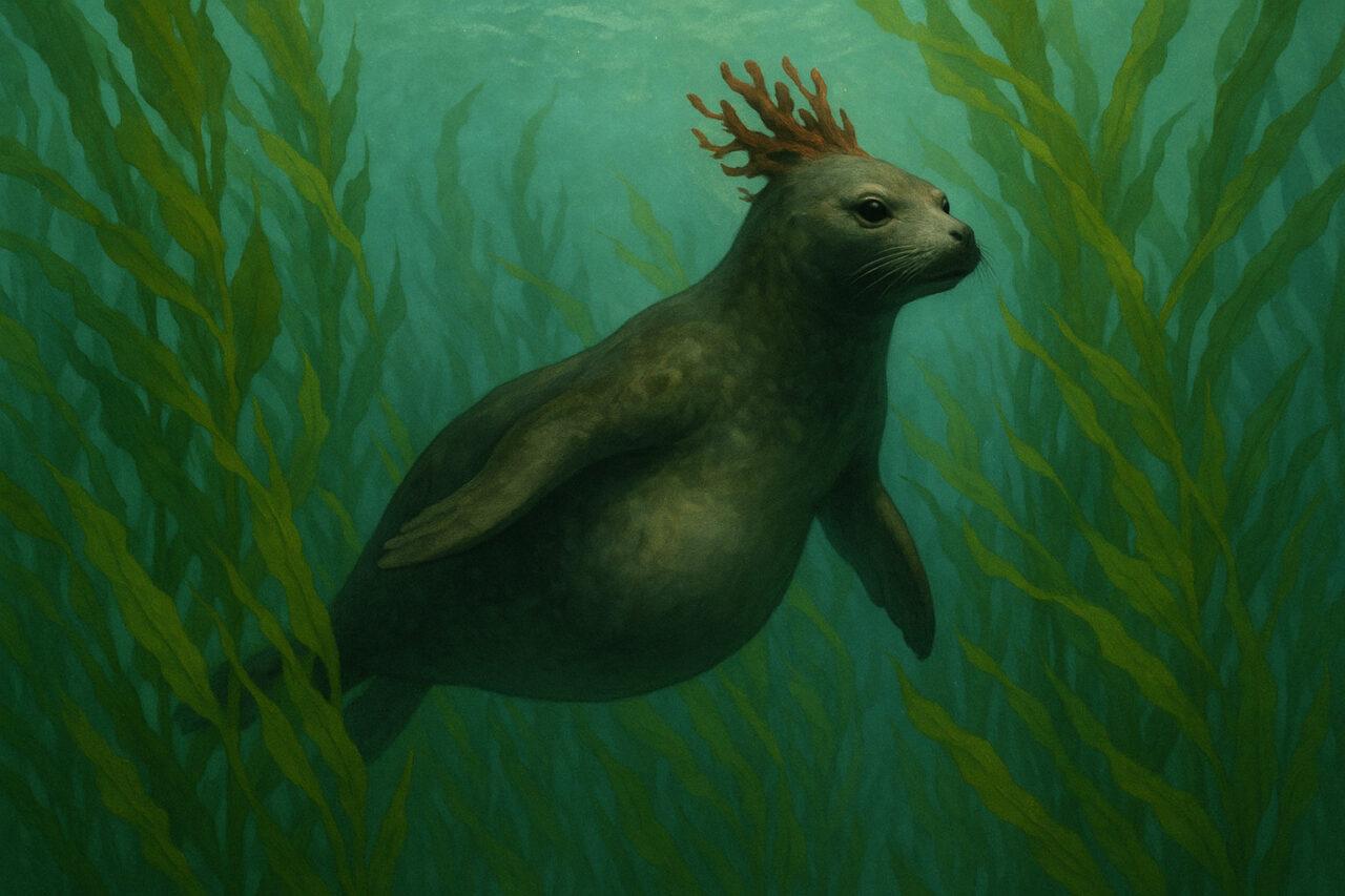 Ein Seehund schwimmt durch Unterwasserpflanzen mit einer Pflanzenkrone auf dem Kopf.