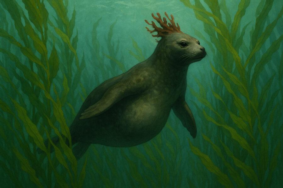 Ein Seehund schwimmt durch Unterwasserpflanzen mit einer Pflanzenkrone auf dem Kopf.