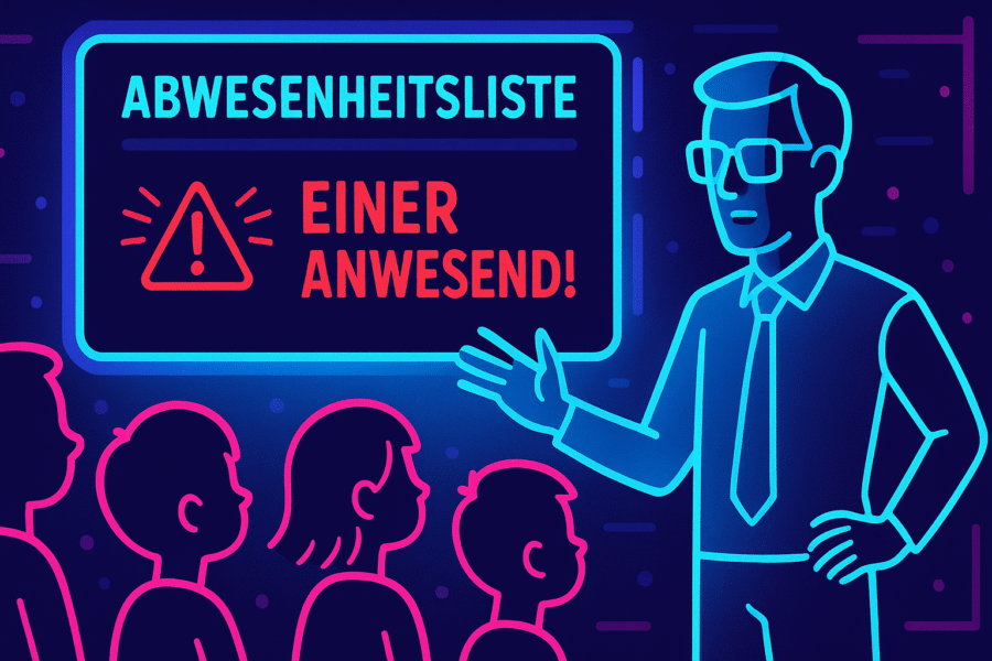 Ein Lehrer präsentiert eine Abwesenheitsliste mit dem Hinweis 'Einer abwesend' vor einer Gruppe von Schülern.
