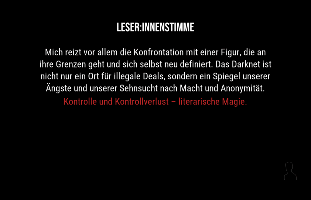 Textzitat über die Konfrontation mit einer Figur und Themen wie Kontrolle und Anonymität.