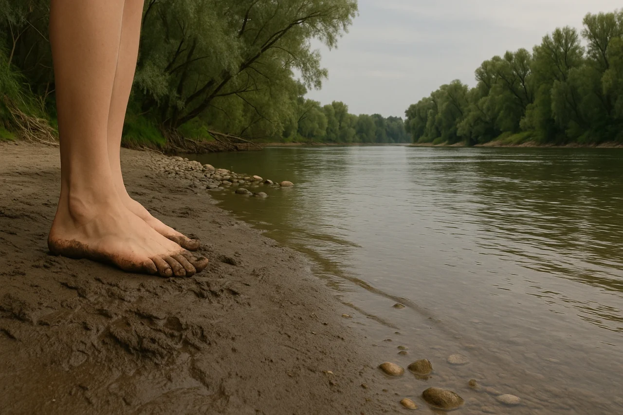 Füße im Schlamm am Donaualtarm – Flusslandschaft mit Weiden und Wind