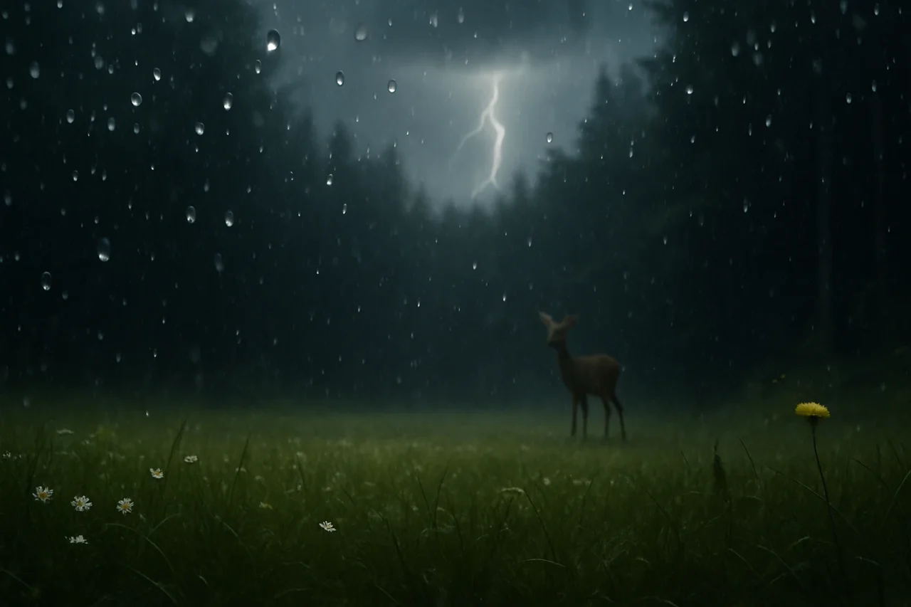 Regen auf einer dunklen Waldlichtung mit Blitz und Reh-Silhouette.