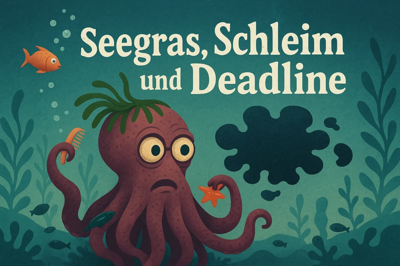 Illustration eines nervösen Tiefsee-Oktopus mit Seegras, Schleim und Tintenschwall – Titelbild zur Miniatur „Seegras, Schleim und Deadline“.