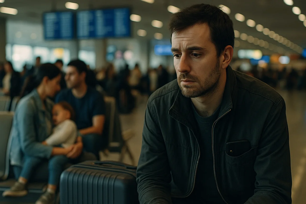 Wartender Mann auf einem Koffer im Flughafen, Blick ins Leere, umgeben vom Gedränge der Abflughalle.