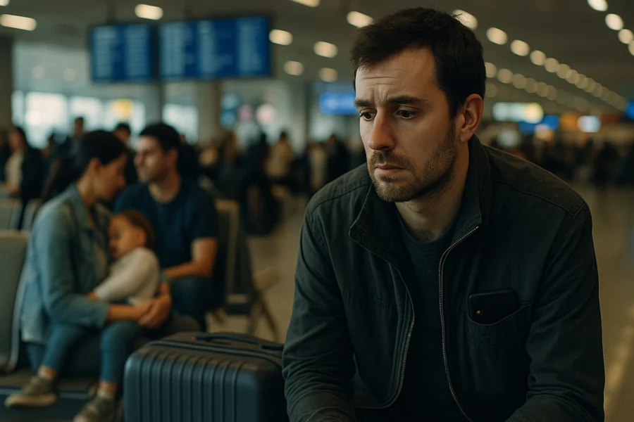 Wartender Mann auf einem Koffer im Flughafen, Blick ins Leere, umgeben vom Gedränge der Abflughalle.