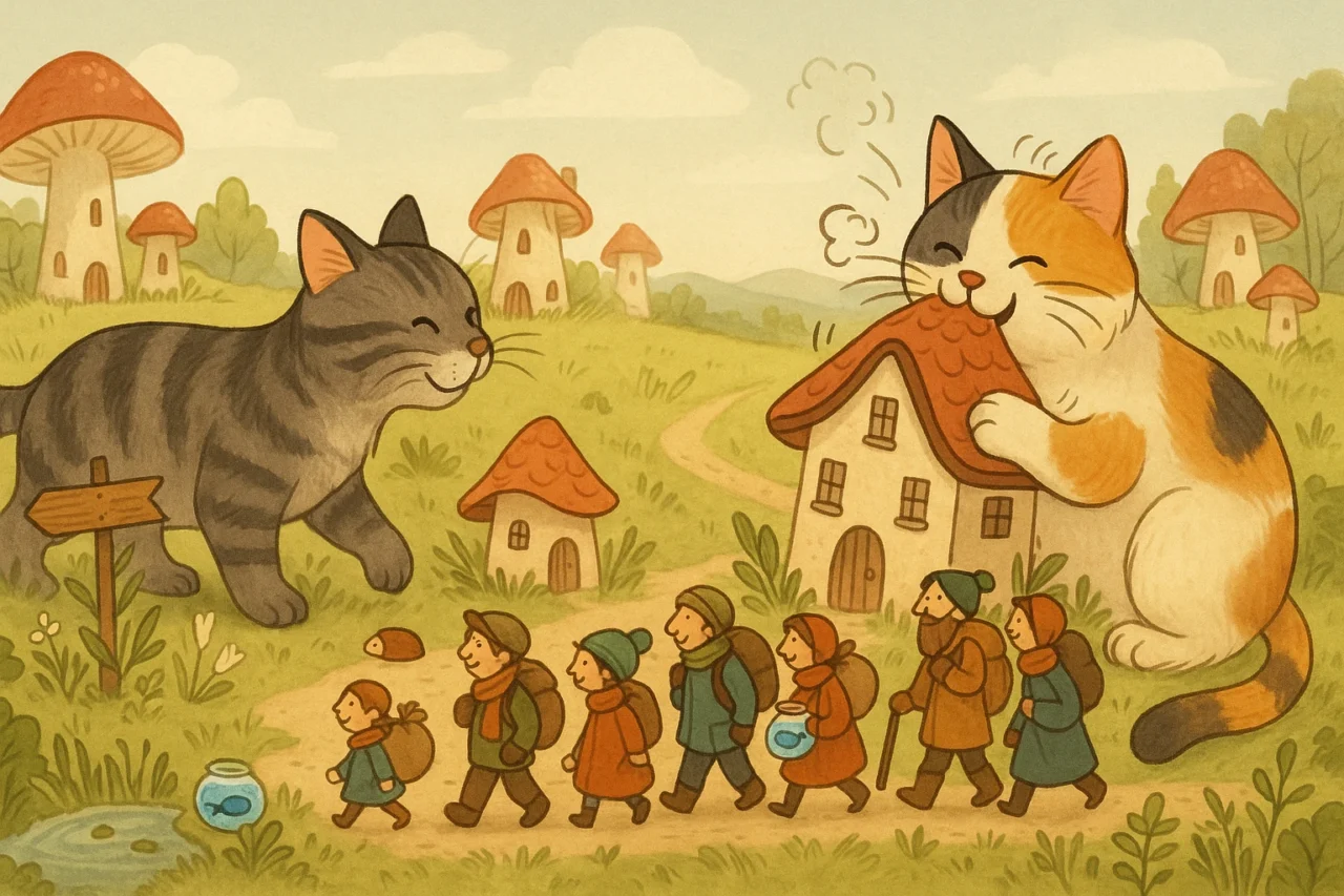 Illustration einer märchenhaften Welt mit wachsenden Häusern und riesigen schnurrenden Katzen.