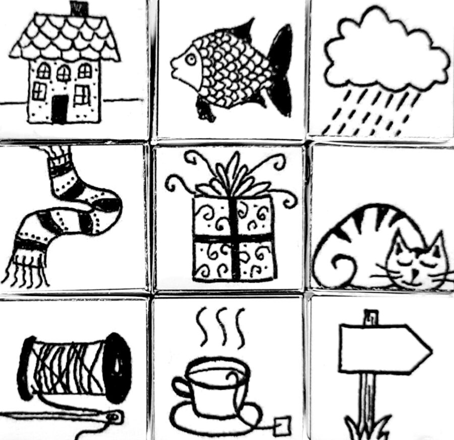 Gemütliche Winterszene mit Kamin, Katze im Körbchen und Besuch an der Haustür.